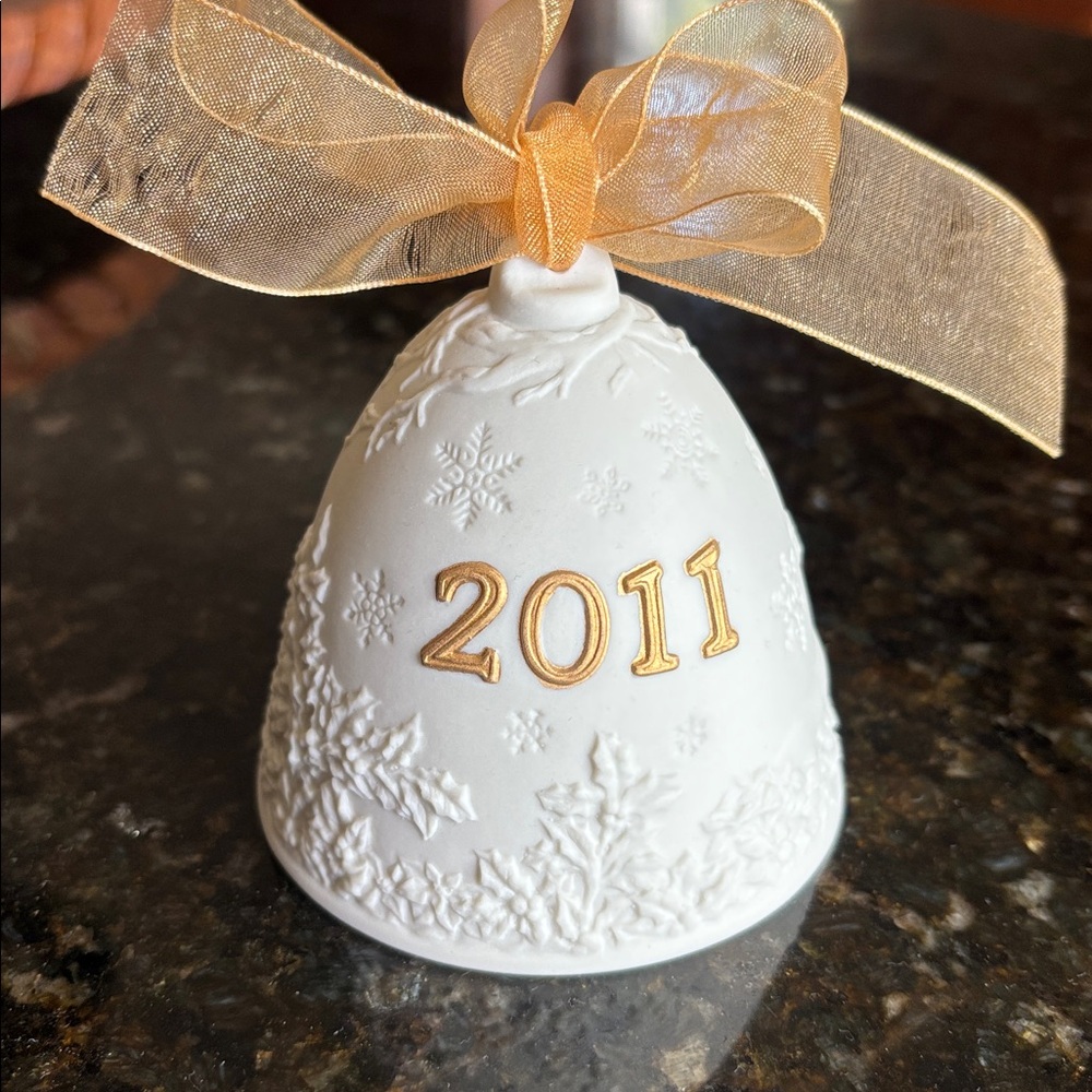 White Lladro Bell Ornament with Gold Accents